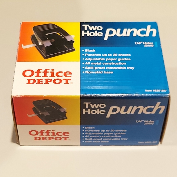NEW OFFICE DEPOT TWO HOLE PAPER HOLE PUNCHER ¼" HOLES UP TO 20 SHEETS BLACK - Picture 1 of 8